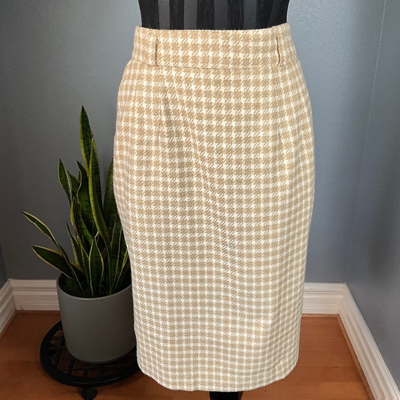VTG Y2K Houndstooth Plaid Midi Pencil High Waist Skirt Pinup Glam Cream Tan 12 - Picture 2 of 12